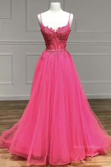 Wedding Ideas, V Neck Beaded Hot Pink Lace Tulle Long Prom Dresses, Hot Pink Lace Formal Dresses, Hot Pink Evening Dresses