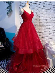 Bridesmaid Dress Summer, V Neck Burgundy Prom Dresses, Wine Red V Neck Formal Evening Dresses