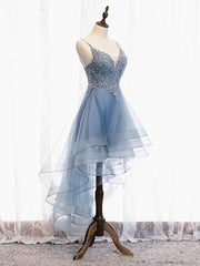 Party Dress Short Tight, V Neck High Low Blue Lace Prom Dresses, Blue Lace High Low Formal Evening Graduation Dresses