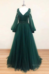 Party Dress Meaning, V Neck Long Sleeves Green Lace Prom Dresses, V Neck Green Lace Formal Evening Dresses