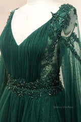 Party Dress Silk, V Neck Long Sleeves Green Lace Prom Dresses, V Neck Green Lace Formal Evening Dresses