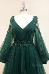 Party Dress Dames, V Neck Long Sleeves Green Lace Prom Dresses, V Neck Green Lace Formal Evening Dresses