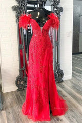 Dress Design, V Neck Mermaid Off Shoulder Red Lace Long Prom Dress, Mermaid Red Formal Dress, Red Lace Evening Dress