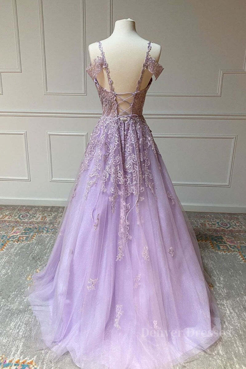 Party Dresses Online, V Neck Off Shoulder Long Lilac Lace Prom Dress, Off Shoulder Purple Lace Formal Graduation Evening Dress