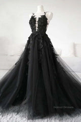 Bridesmaid Dress Idea, V Neck Open Back Black Tulle Lace Floral Long Prom Dresses, Black Lace Formal Evening Dresses with Appliques