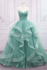 Party Dress Size 270, V Neck Open Back Fluffy Green Tulle Long Prom Dresses, Green Formal Evening Dresses, Ball Gown