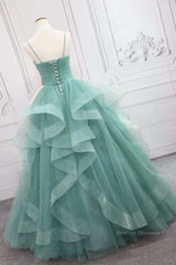 Party Dress Size 274, V Neck Open Back Fluffy Green Tulle Long Prom Dresses, Green Formal Evening Dresses, Ball Gown