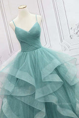 Party Dresses Size 50, V Neck Open Back Fluffy Green Tulle Long Prom Dresses, Green Formal Evening Dresses, Ball Gown