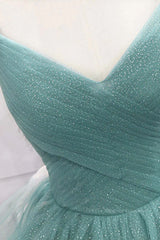 Party Dress Lace, V Neck Open Back Fluffy Green Tulle Long Prom Dresses, Green Formal Evening Dresses, Ball Gown