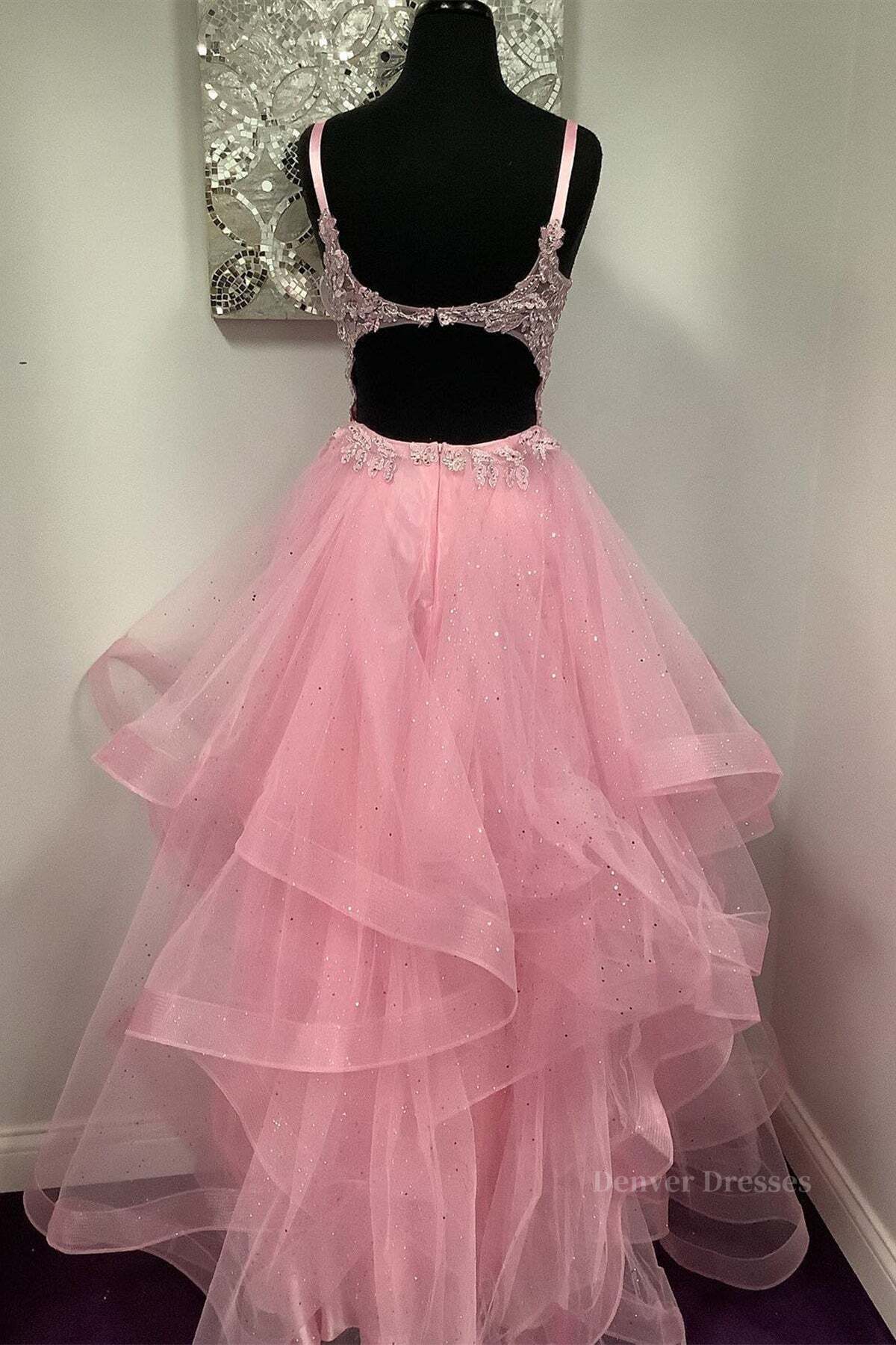 Bridesmaid Dressed Blush, V Neck Open Back Pink Lace Puffy Tulle Long Prom Dresses, Pink Lace Formal Dresses, Pink Evening Dresses