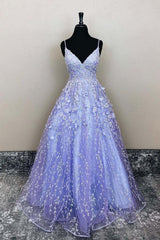 Party Dress Express Photos, V Neck Open Back Purple Lace Floral Long Prom Dress, Purple Lace Floral Formal Evening Dress