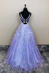 Party Dresses Purple, V Neck Open Back Purple Lace Floral Long Prom Dress, Purple Lace Floral Formal Evening Dress