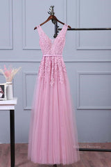 Evening Dress Designers, V Neck Pink Lace Prom Dresses, Pink V Neck Lace Bridesmaid Formal Dresses