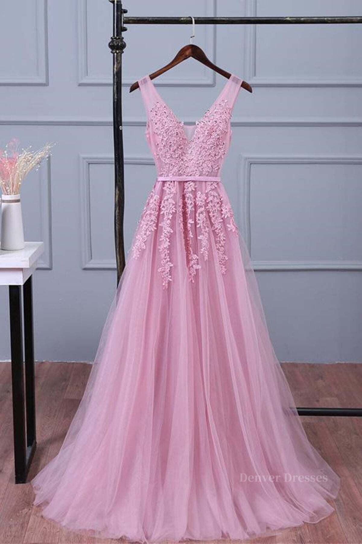 Evening Dress Designs, V Neck Pink Lace Prom Dresses, Pink V Neck Lace Bridesmaid Formal Dresses