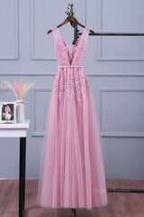 Evening Dress Designer, V Neck Pink Lace Prom Dresses, Pink V Neck Lace Bridesmaid Formal Dresses