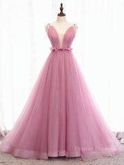Party Dress Pattern Free, V Neck Pink Tulle Prom Dresses with Train, Pink Long Formal Evening Graduation Dresses