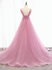 Party Dress Pattern, V Neck Pink Tulle Prom Dresses with Train, Pink Long Formal Evening Graduation Dresses
