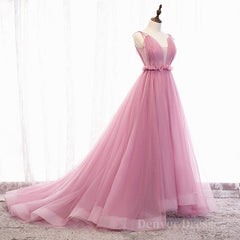 Party Dress Patterns, V Neck Pink Tulle Prom Dresses with Train, Pink Long Formal Evening Graduation Dresses