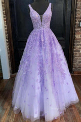 Formal Dress Prom, V Neck Purple Lace Long Prom Dress, Long Purple Lace Formal Dress, Lilac Lace Evening Dress