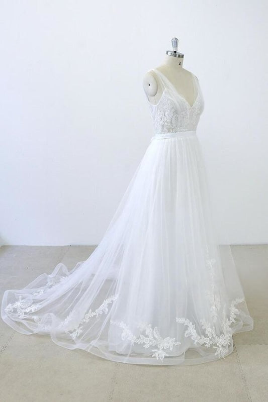 Wedding Dress Lookbook, V-neck Ruffle Applqiues Tulle A-line Wedding Dress