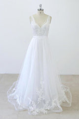 Wedding Dresses No Sleeves, V-neck Ruffle Applqiues Tulle A-line Wedding Dress