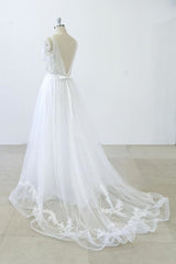 Wedding Dresses Elegent, V-neck Ruffle Applqiues Tulle A-line Wedding Dress