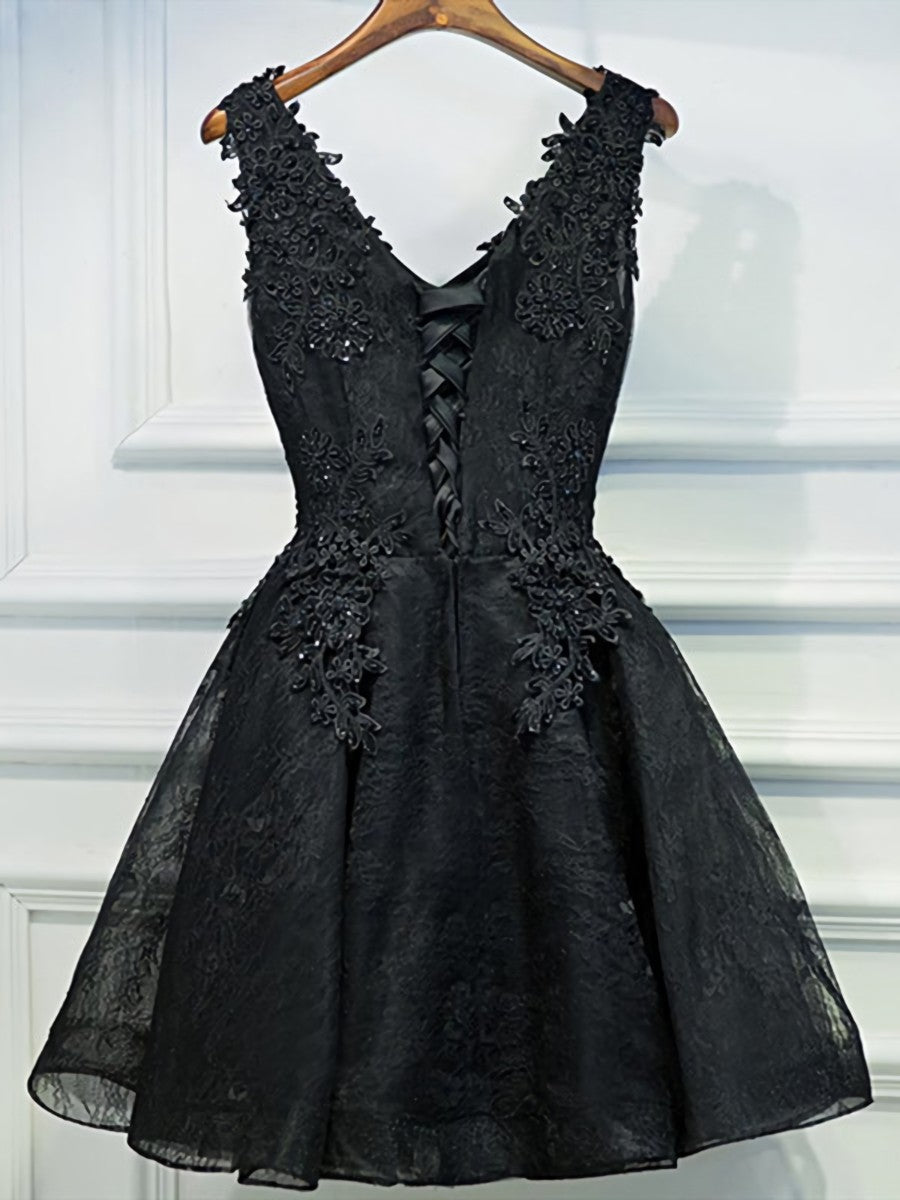 Prom Dresses2024, V Neck Short Black Lace Prom Dresses, Short Black Lace Graduation Homecoming Dresses