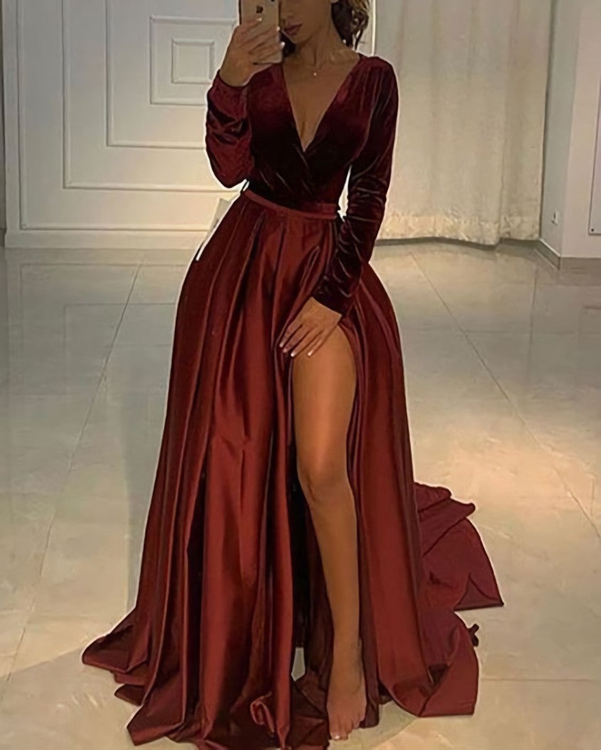 Prom Dresses With Shorts, V Neckline Velvet Bodice Burgundy Prom Dress Sexy Leg Slit