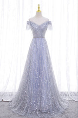 Party Dress Lady, A-Line Tulle Sequins Long Prom Dress, Off the Shoulder Evening Party Dress