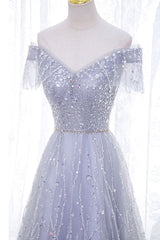 Party Dress Ladies, A-Line Tulle Sequins Long Prom Dress, Off the Shoulder Evening Party Dress