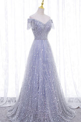 Party Dress For Teens, A-Line Tulle Sequins Long Prom Dress, Off the Shoulder Evening Party Dress