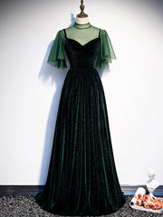 Party Dress Fall, Green Velvet Long Prom Dress, Elegant A-Line Green Evening Dress