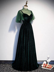 Party Dress For Ladies, Green Velvet Long Prom Dress, Elegant A-Line Green Evening Dress