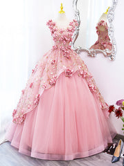 Bridesmaids Dress Blush, Pink Tulle Long Prom Dress with Flowers, Beautiful A-Line Sweet 16 Dress