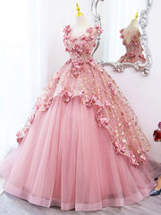 Bridesmaid Dresses Blushes, Pink Tulle Long Prom Dress with Flowers, Beautiful A-Line Sweet 16 Dress