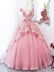 Bridesmaid Dress Blushes, Pink Tulle Long Prom Dress with Flowers, Beautiful A-Line Sweet 16 Dress