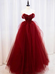 Prom Dress V Neck, Burgundy Sweetheart Tulle Long Prom Dress with Beaded, Burgundy Party Dress