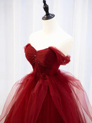 Prom Dress With Pockets, Burgundy Sweetheart Tulle Long Prom Dress with Beaded, Burgundy Party Dress