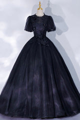 Bridesmaid Dresses Lavender, Black Tulle Lace Long A-Line Prom Dress, A-Line Short Sleeve Evening Gown