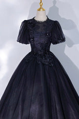 Winter Wedding, Black Tulle Lace Long A-Line Prom Dress, A-Line Short Sleeve Evening Gown