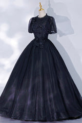 Bridal Shower Games, Black Tulle Lace Long A-Line Prom Dress, A-Line Short Sleeve Evening Gown