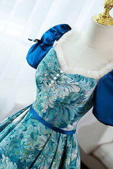 Bridesmaid Dressing Gowns, Blue Printed Long A-Line Prom Dress, Elegant Short Sleeve Formal Dress