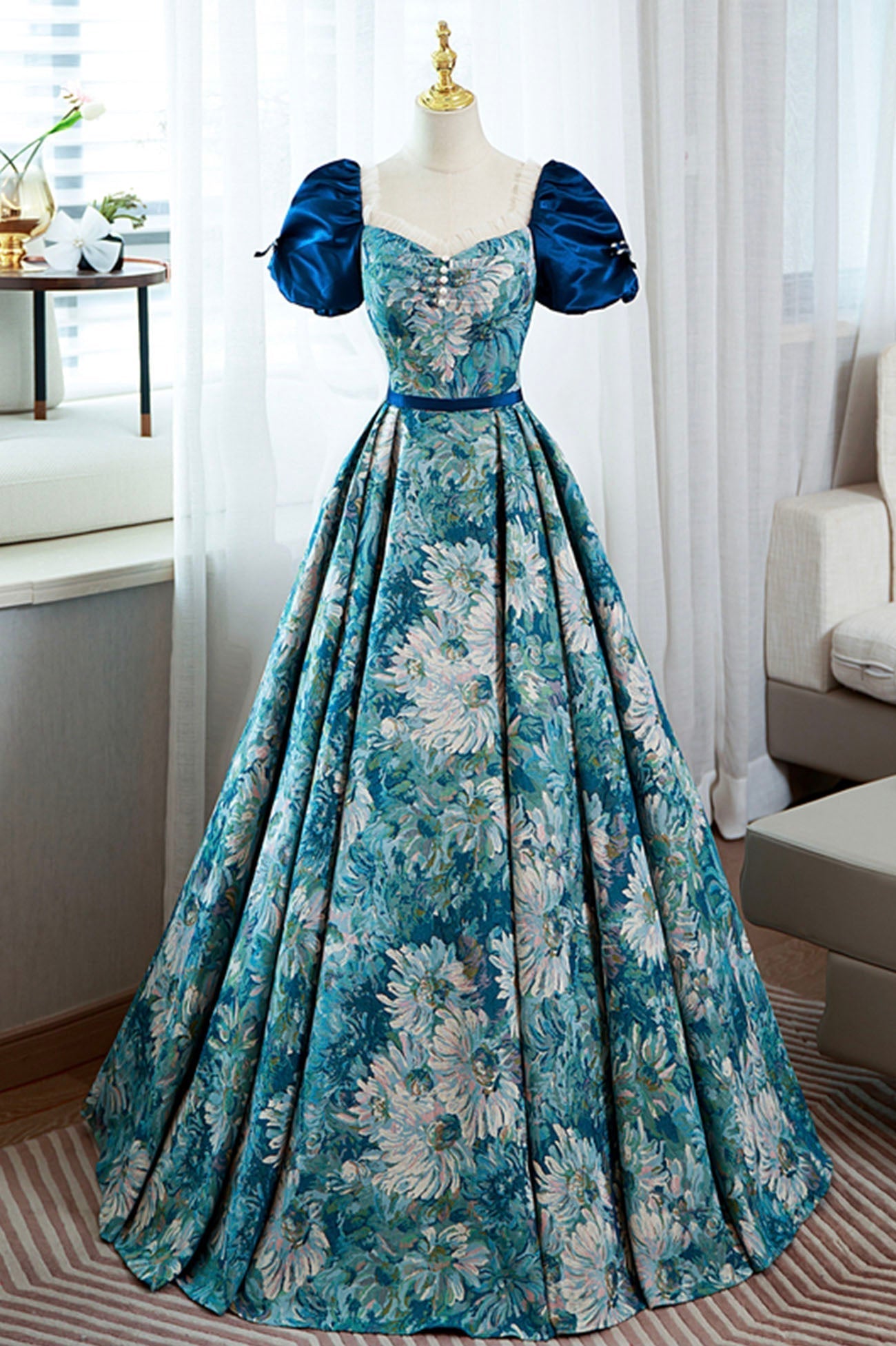 Bridesmaid Dresses Near Me, Blue Printed Long A-Line Prom Dress, Elegant Short Sleeve Formal Dress