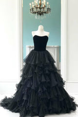Party Dress Classy Elegant, Velvet Strapless Black Prom Gowns with Pleated Tiered Skirt,Prom Dress