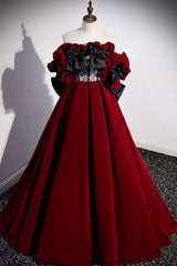 Homecoming Dress Simple, Burgundy Velvet Long Prom Dress, Off the Shoulder A-Line Evening Dress