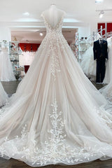 Wedding Dresses Backless, Vintage Long A-line Jewel Tulle Ruffles Wedding Dress with Lace Appliques