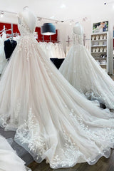 Wedding Dresses Simple Lace, Vintage Long A-line Jewel Tulle Ruffles Wedding Dress with Lace Appliques