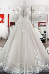 Wedding Dress Backless, Vintage Long A-line Jewel Tulle Ruffles Wedding Dress with Lace Appliques
