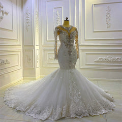 Wedding Dresses Shops, Vintage Long Sleeve Appliques Lace Beading Sequins Mermaid Wedding Dress