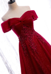 Prom Dress Idea, Burgundy Lace Long Prom Dresses, A-Line Off the Shoulder Evening Dresses